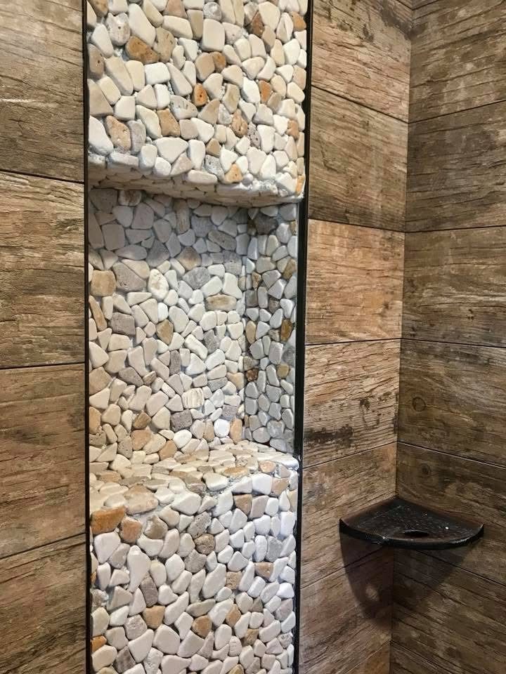 Stacked-stone shower feature wall