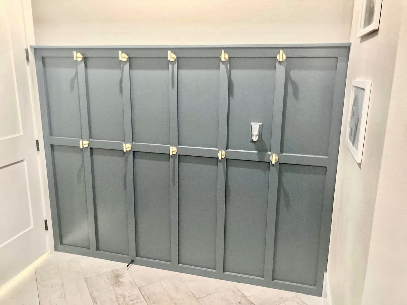 Grey board-and-batten feature wall